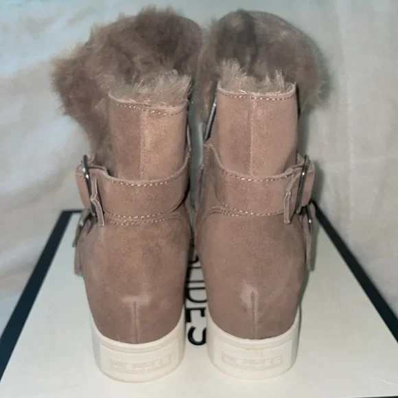 NWT J/SLIDES WELLS Taupe Suede Hidden Wedge Faux Fur Platform - Picture 12 of 16